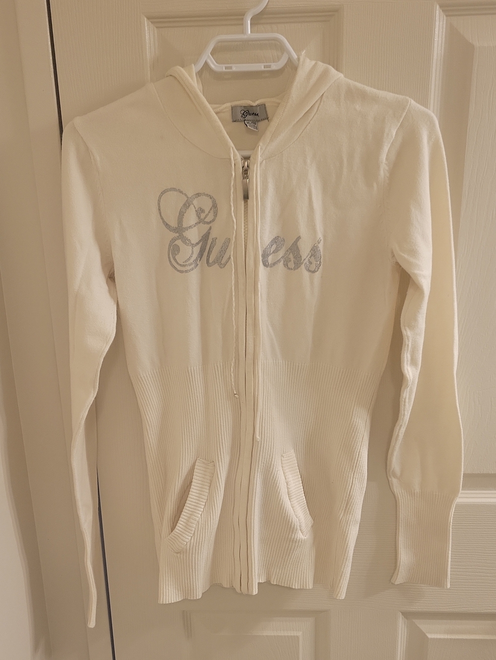 Guess Cream Hooded Zip-Up with Silver Glitter Logo